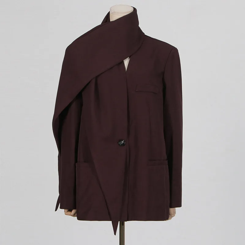 HKSH Women Chic Blazer Solid Color Asymmetric Scarf Collar Single Button Elegant Fashion High-end Tide Jacket New Spring HK19930