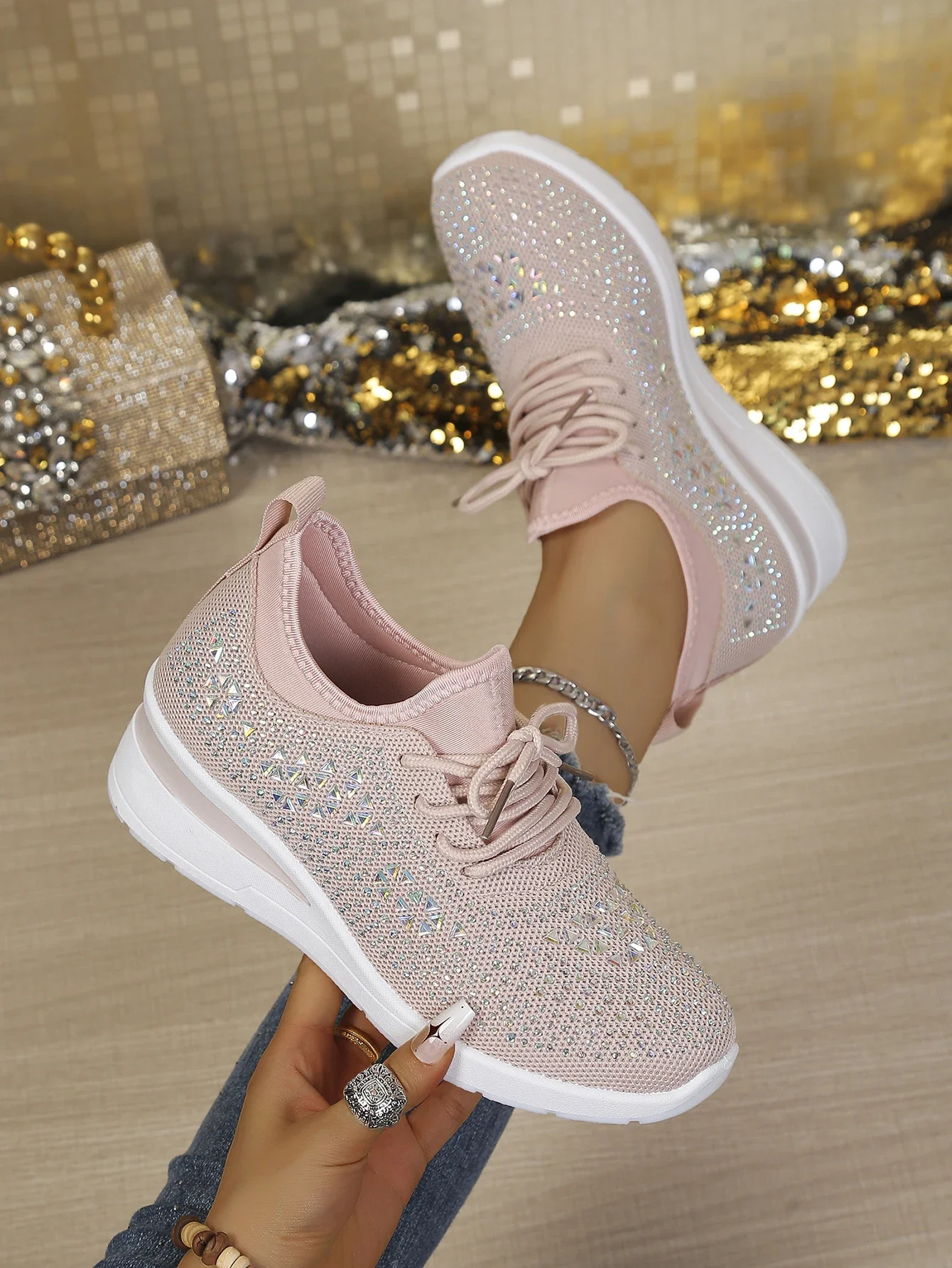 Damen Casual Walking Sneakers Atmungsaktives Mesh Geometrische Strass Versteckte Höhe Keilabsatz Plateau-Schuhe Kostenloser Versand Schuhe – Detail 15