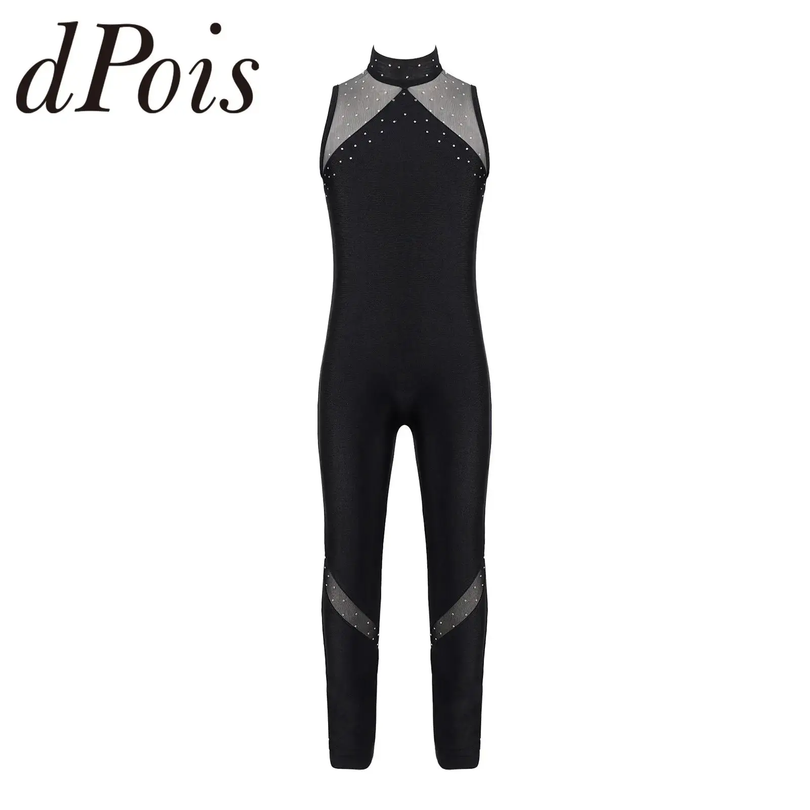 

Детские сетчатые гимнастические трико без рукавов для девочек, длинные штаны с открытой спиной, боди для катания на коньках, комбинезон для акробатики, балетная одежда