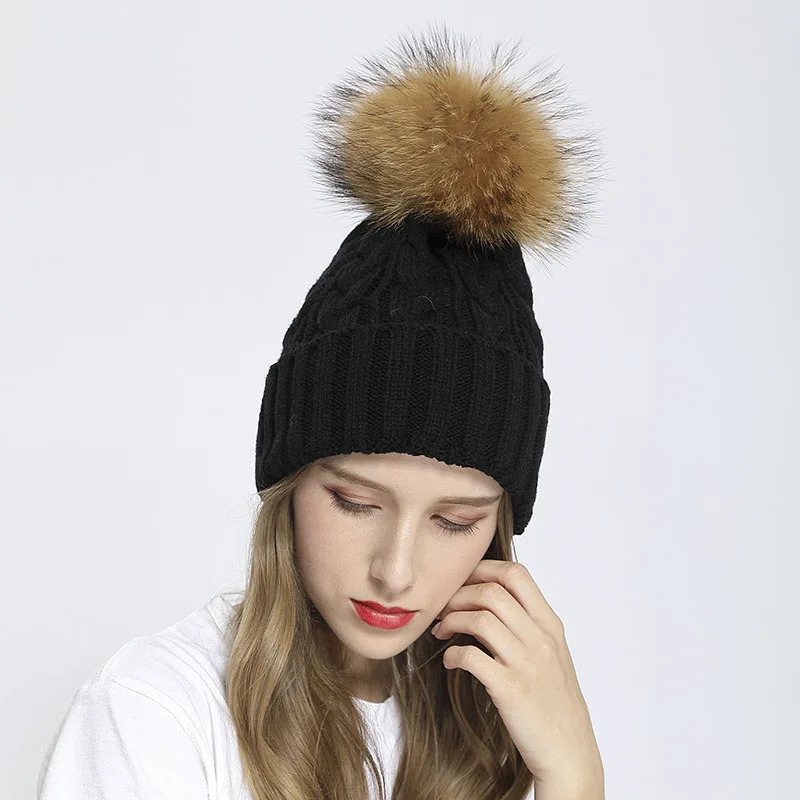 

JANEFUR Beanie Hat With Real Raccoon Fur Pom Pom Women Warm Acrylic Hat Outdoor Winter Knitted Cap