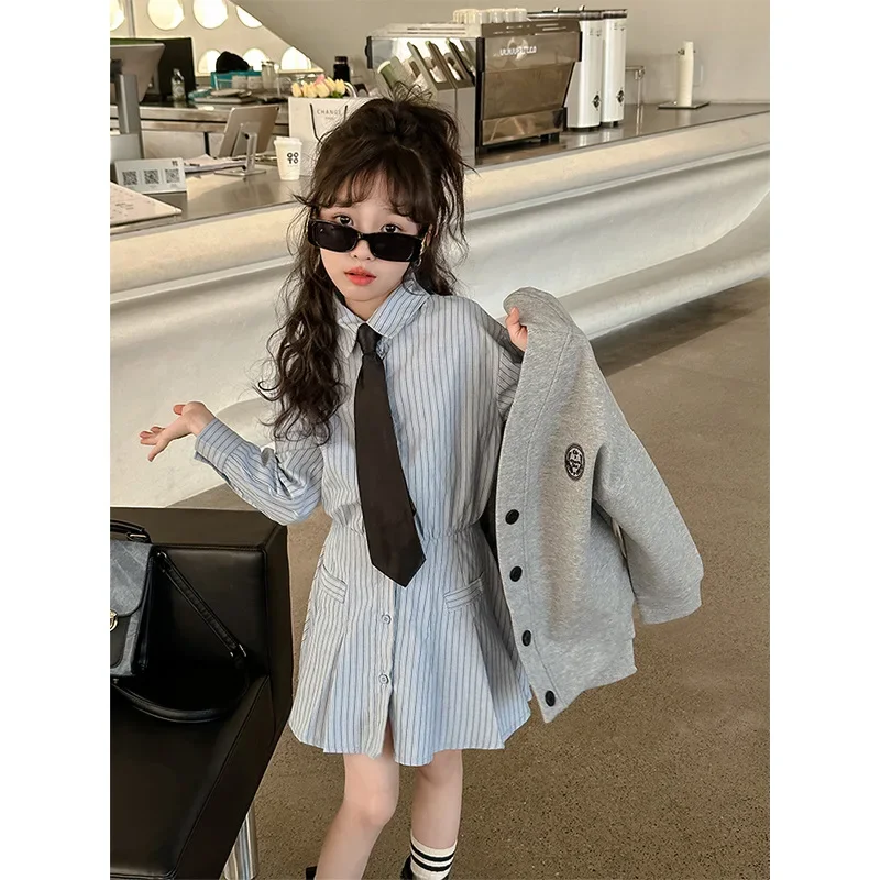 Girls' Academy Style Set 2024 Spring New Children's Baseball Coat Shirt Dress Two piece Set Trendy