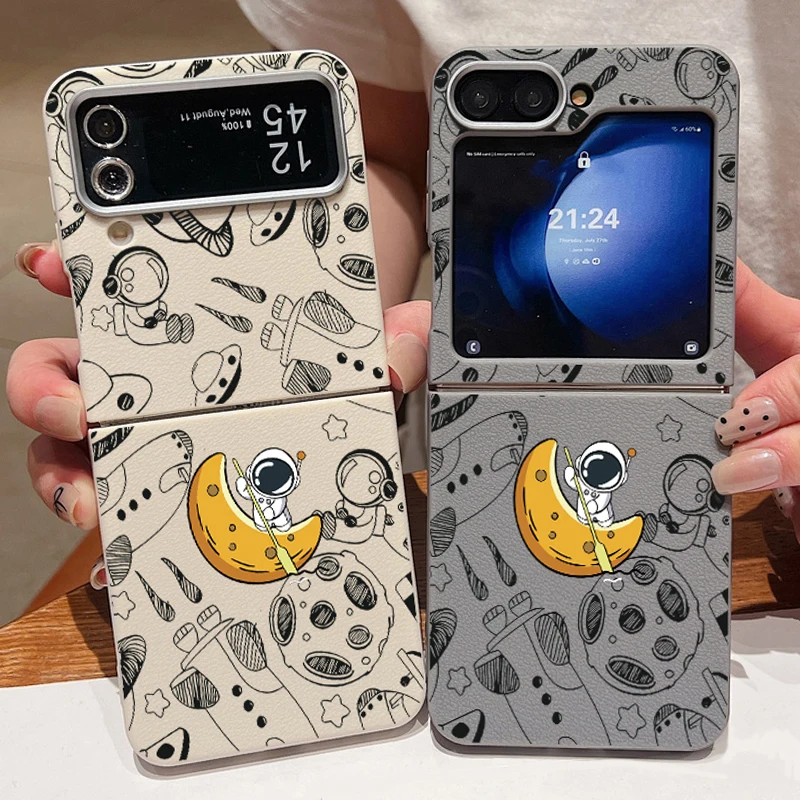 لسامسونج غالاكسي Z فليب 5 6 4 3 5G الكرتون رائد الفضاء للطي جراب هاتف الجلود الملمس بولي TPU غطاء ناعم لسامسونج Z Flip4