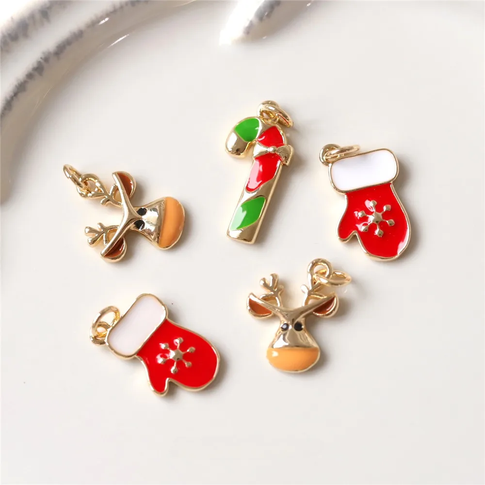 Copper Plated Gold Cartoon Christmas Wind Dripping Elk Gloves Crutches Pendant DIY Necklace Bracelet Handmade Charm Accessories