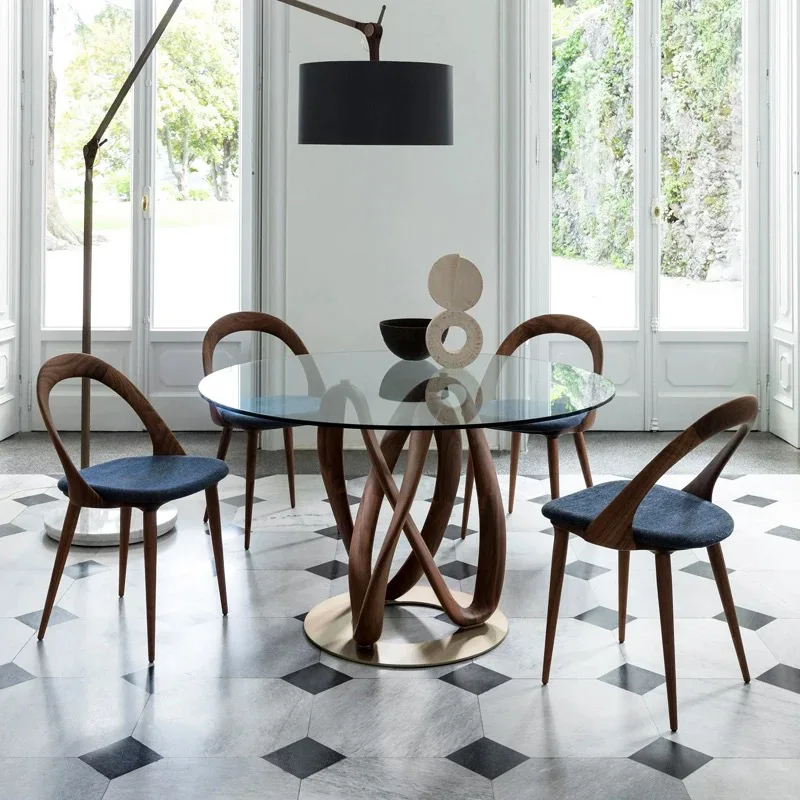 

Italian tempered glass dining table Modern restaurant Home round table Designer high-end artistic walnut