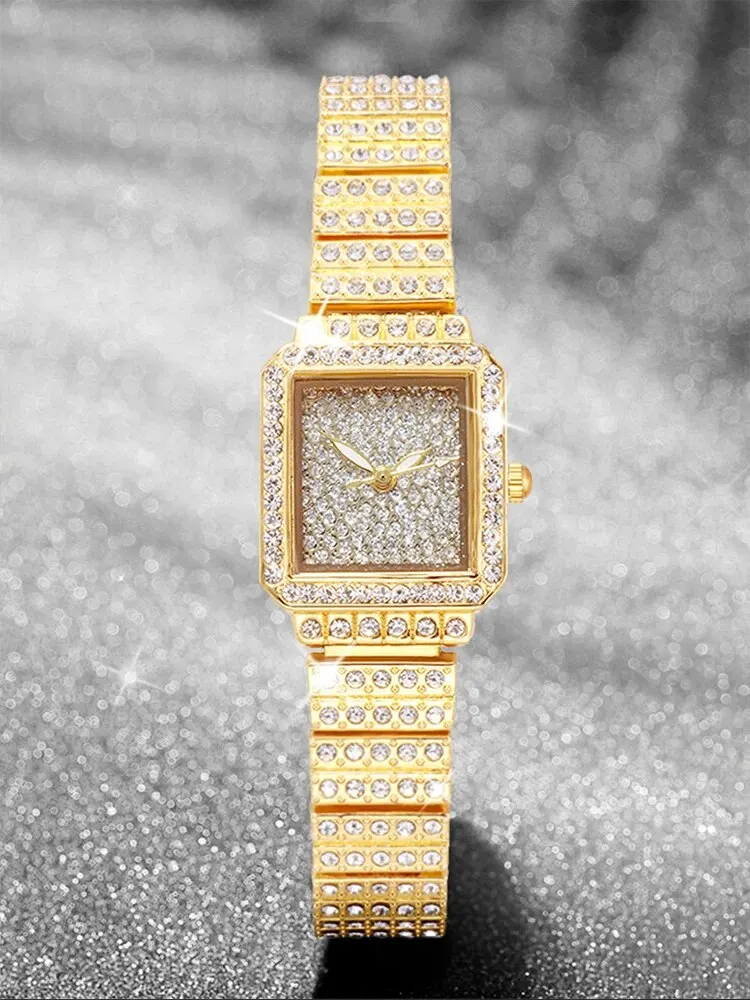 3pcs Fashionable and Luxurious Full Diamond Rectangular WOMEN\'S Steel Band Quartz Wristwatch with Diamond Inlaid Hand Set