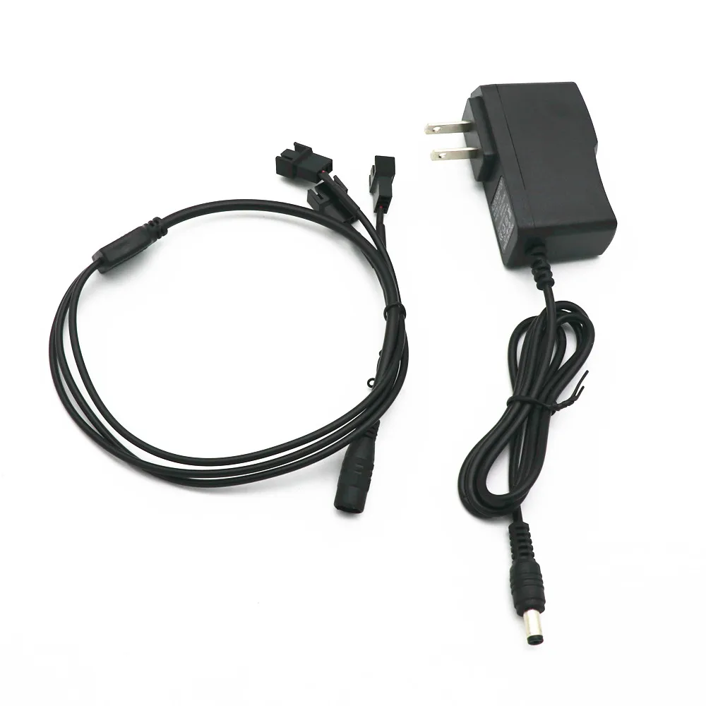 US Regulation 12V DC Power Supply 5.5*2.1mm Adapter Cables For 3Pcs 3Pin 4Pin PWM Computer PC Case Fan Cable