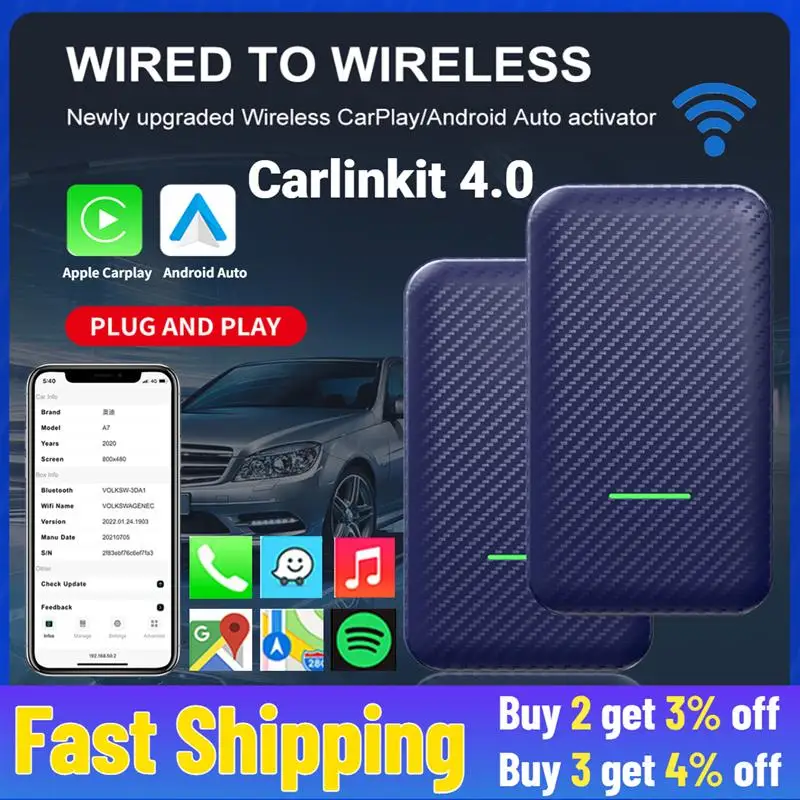 Top! NEW CarlinKit 4.0 Wireless Adapter CarPlay Player for Apple Android Carplay AI Box 5G Bluetooth WiFi 5.0 Auto Car