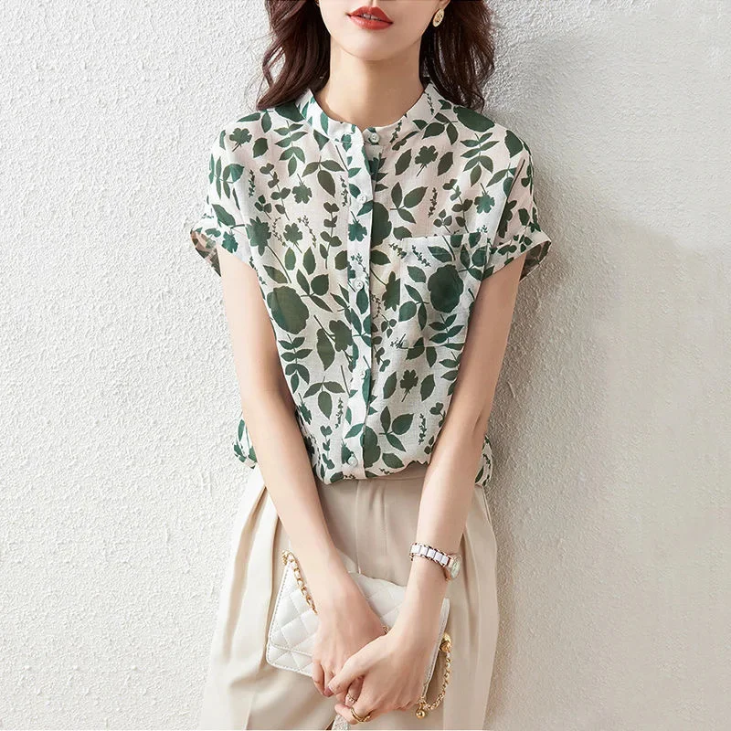 Women Summer Style Blouses Tops Lady Casual Short Sleeve Stand Collar Flower Printed Blusas Tops