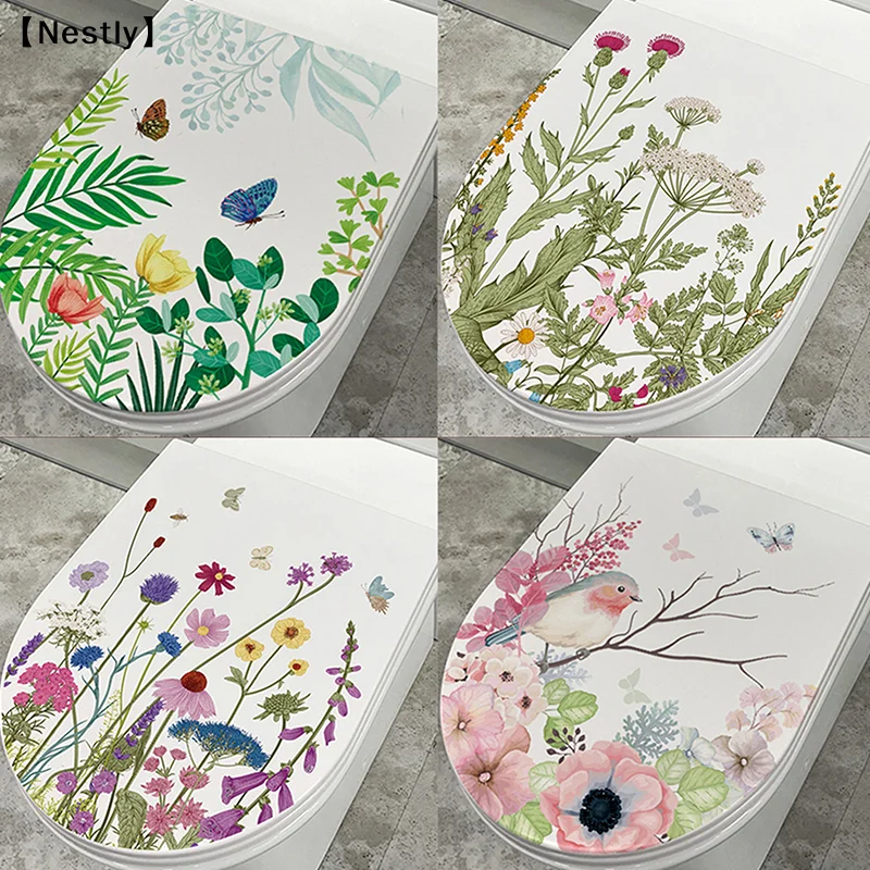 Blumen-Gras-Vogel-Toilettenaufkleber, selbstklebende Gemälde, abnehmbarer Badezimmeraufkleber, dekorative Raumdekoration, Fensteraufkleber〔Nest〕
