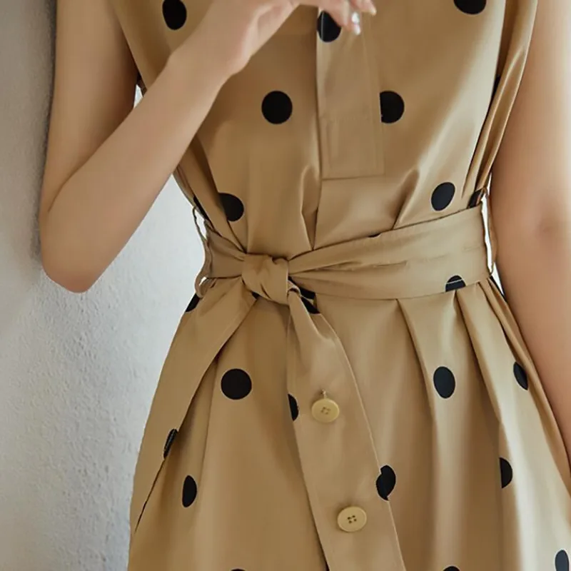 Women Polka Dot Shirt Dress Print Fashion Retro Drapey Stand Collar Cotton Commuter Style Khaki Short Sleeves POLO Collar Belt