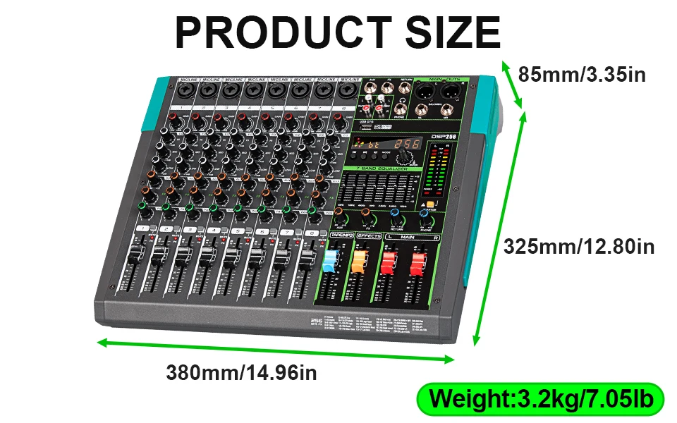 Professioneller Audio-Mixer Depusheng MG8 8-Kanal-Soundboard-Konsole DJ-Mischpult-System-Interface mit eingebautem 256-Reverb-Effekt – Detail 13