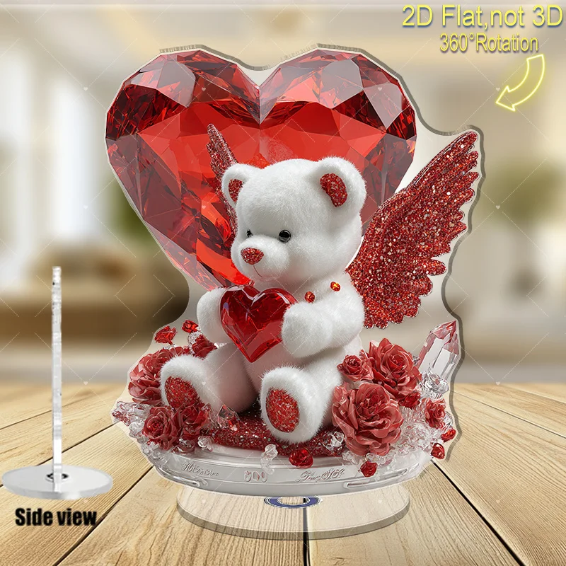 2D Flat, 2D Plane - 1pc 360-Degree Rotating Acrylic Figurine, White Teddy Bear with Shiny Red Wings, Holding a Red Heart-Shaped