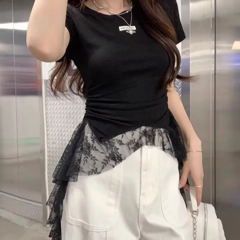 Lace Ribbon Short-sleeve T-shirt for Women Summer New Irregular Waist-cinching Slim Top