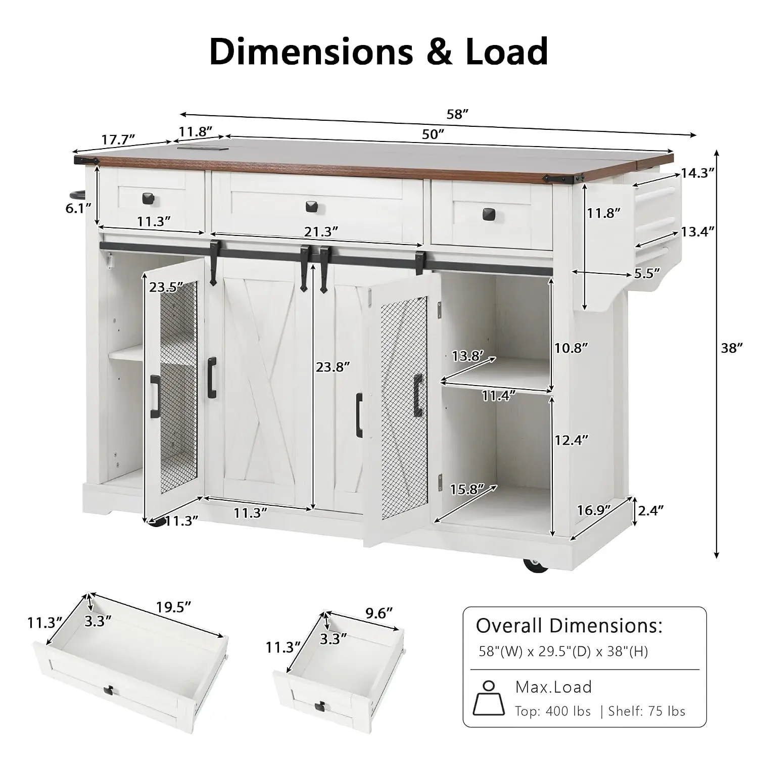 58 Inch Rolling Kitchen Island Cart With Storage & Power Outlet, White, Customized