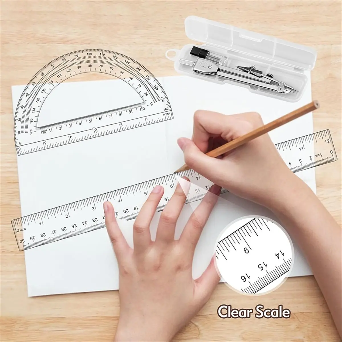 NEW 3-Piece Geometry Set: 12 Inch Ruler, Clear Protractor, and Stainless Steel Compass for School and Office