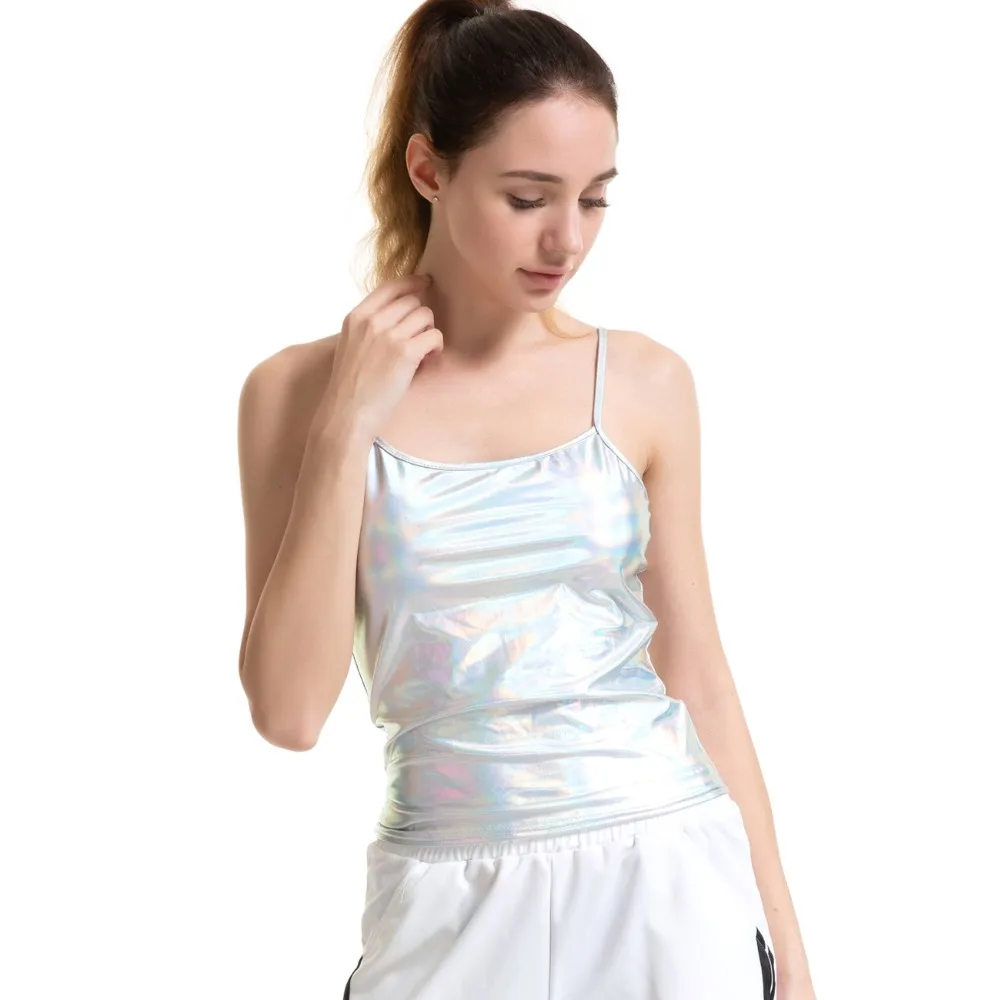 Haut court brillant en cuir métallique pour femmes, gilet sans manches, bretelles Spaghetti, débardeur de sport, fête dorée, Jazz Hip Pop, vêtements de danse