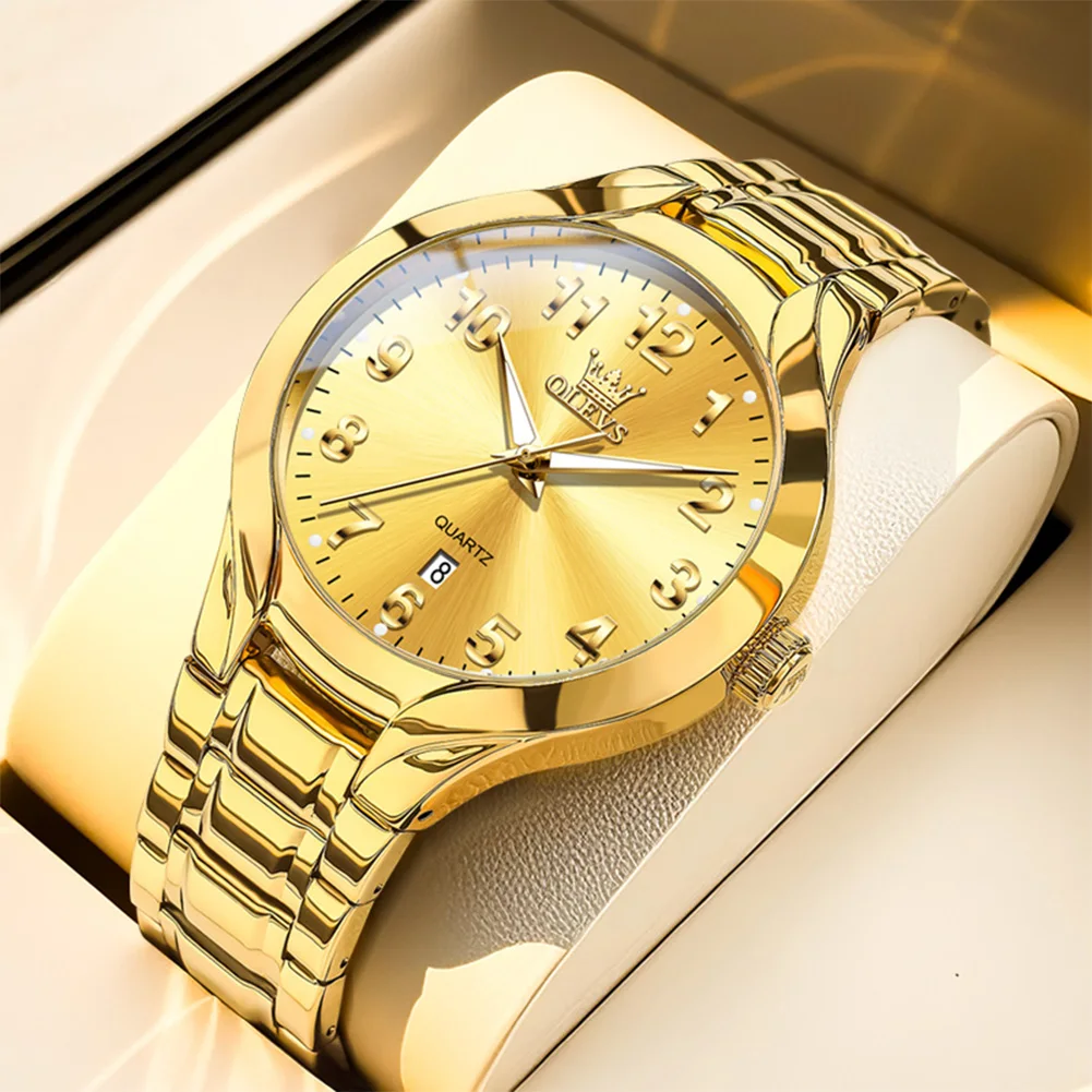 

Men Full Gold Stainless Steel Quartz Watch OLEVS Brand Luxury Golden Dial Date Business Wristwatch Luminous Male Dress Watches