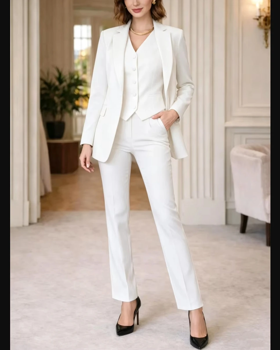 White Women's Suits 3 Pcs Set Elegant Workwear Blazer Business Party Pantsuit Wedding Guest Outfit (Jacket+Vest+Pants)