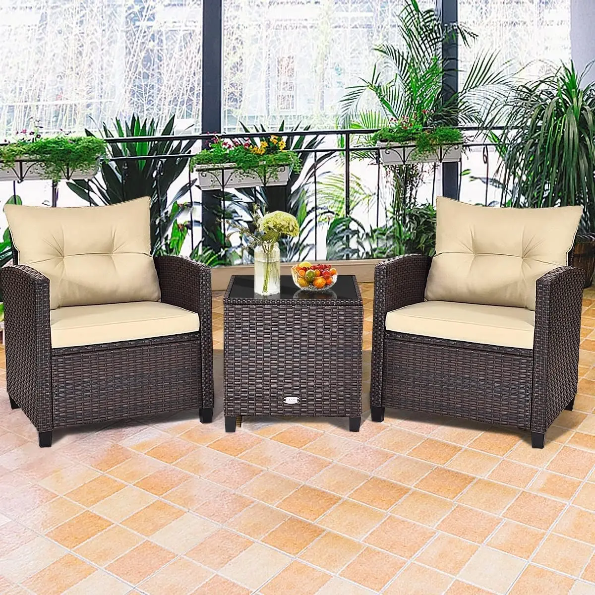 Three Pieces Patio Conversation Set Outdoor Furniture Set PE Rattan Sofa Set With Removable Cushions PE Wicker Chairs Tempered Glass Side Table For Porch Lawn Garden Balcony Backyard Brown