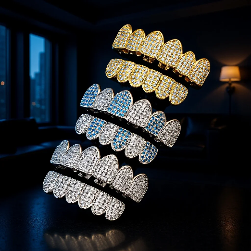 HipHop CZ Teeth Set For Unisex Blue Zircon Top Bottom Mouth Gold Silver 1212 Teeth Cap Removable