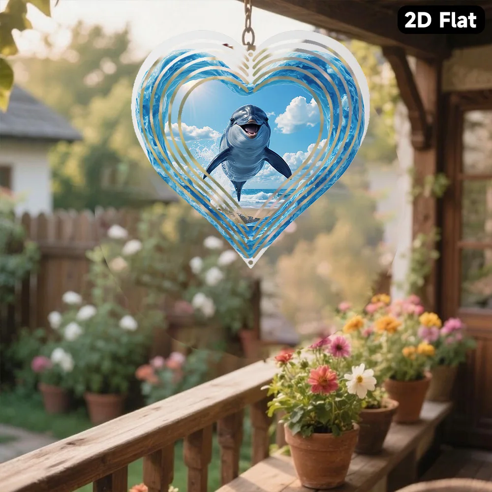 2D Flat Single-piece Metal Wind Chime, Decorative Hanging Ornament, Featuring Playful Dolphins Leaping Against an Ocean
