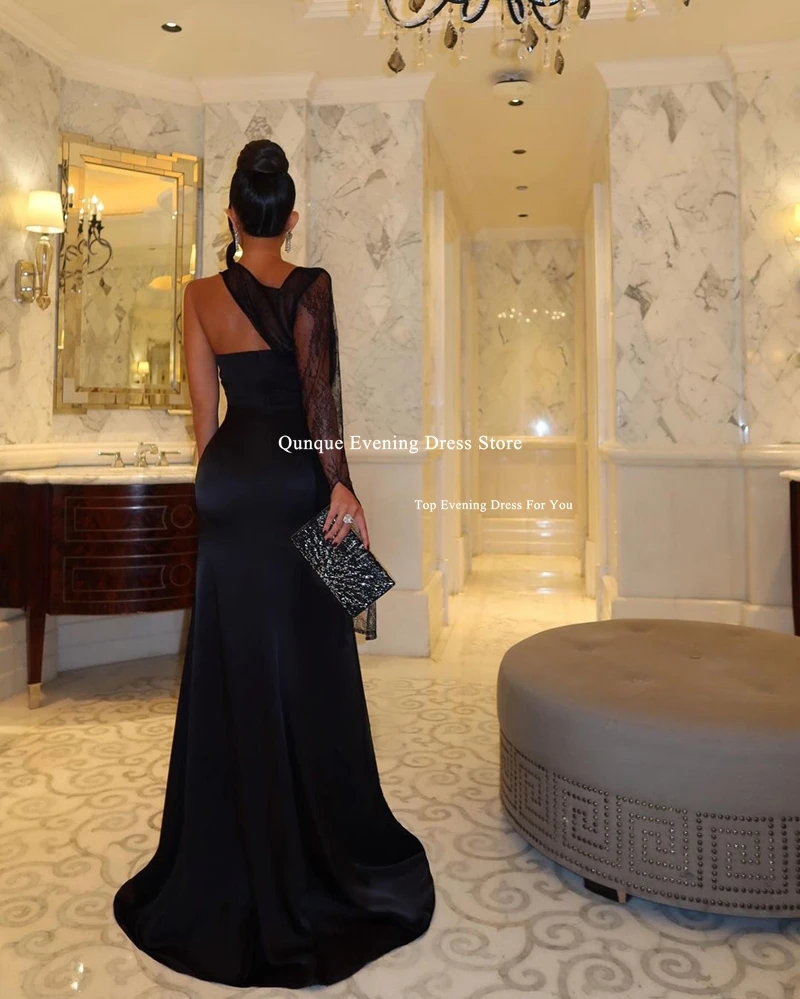 فساتين Qunque بكتف واحد وأكمام من الدانتيل للحفلات الراقصة باللون الأسود حورية البحر فساتين سهرة من Vestidos De Gala Festasin للمناسبات ا