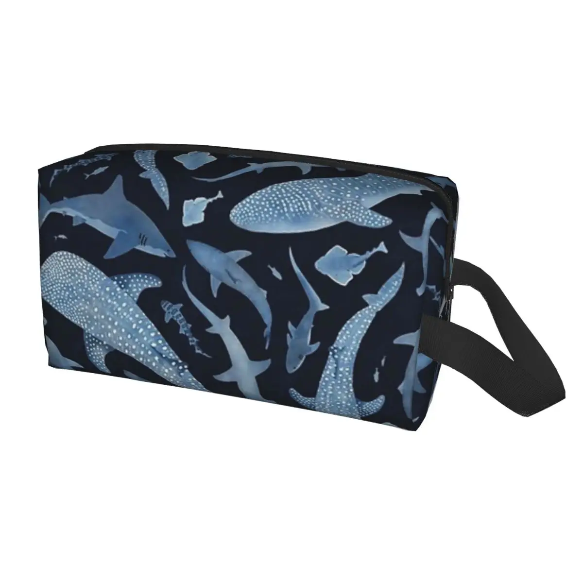 Bolsa de maquillaje monocromática azul acuarela tiburón océano sobre negro para mujer, organizador de cosméticos de viaje, bolsas de aseo de almacenamiento