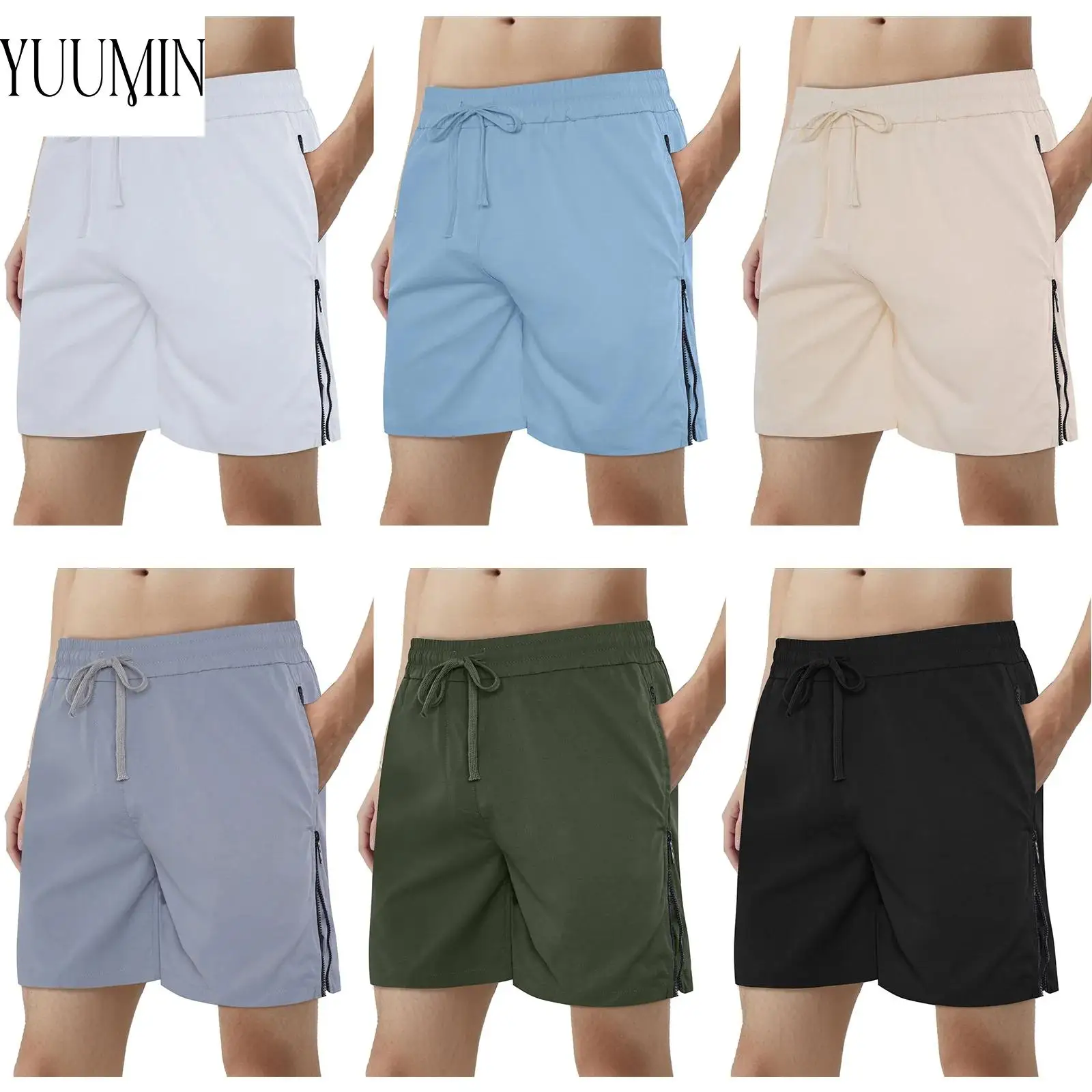 

Men Stretchy Fitness Shorts Sides Zipper Drawstring Elastic Waist Athletic Shorts for Beach Gym Fitness Workout Exercise Running