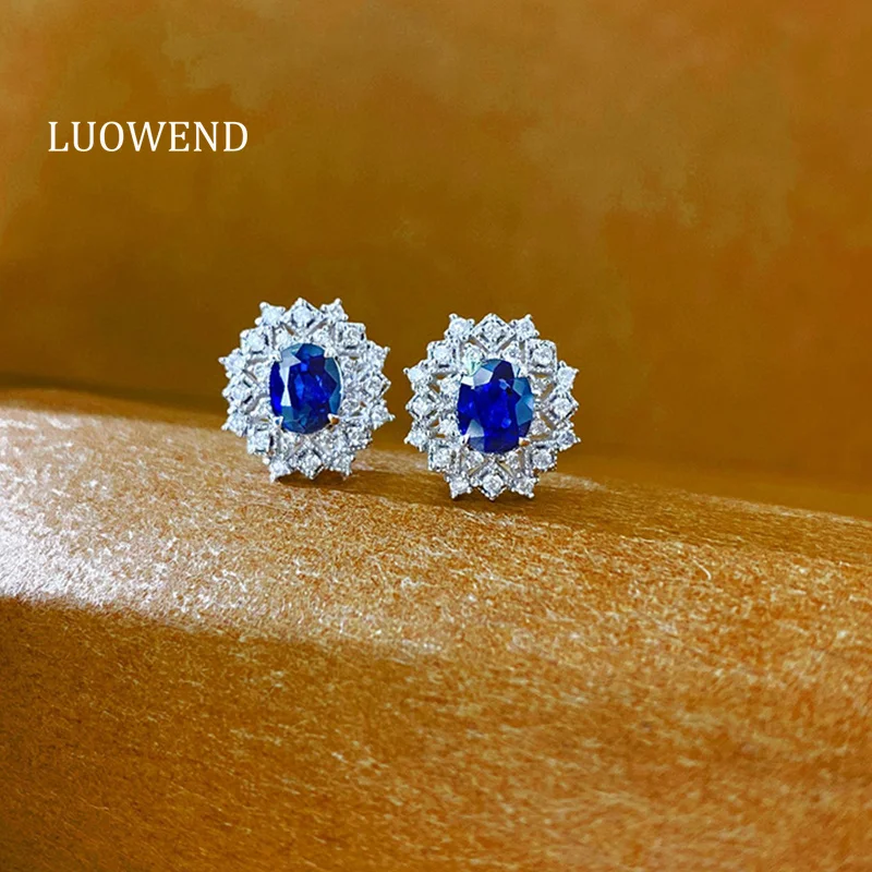 

LUOWEND 100% 18K White Gold Earrings Vintage Palace Style Luxury Diamond Natural Sapphire Earrings for Women High Party Jewelry