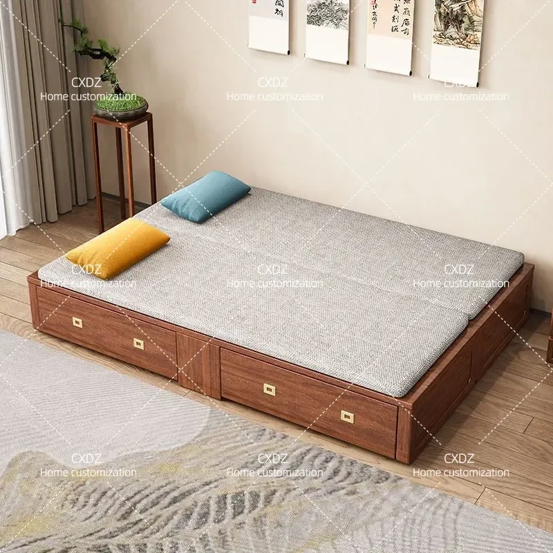 New Chinese Style Solid Wood Sofa Bed with Drawers Push Pull Telescopic Folding Multi Functional Dual Purpose for Living Room