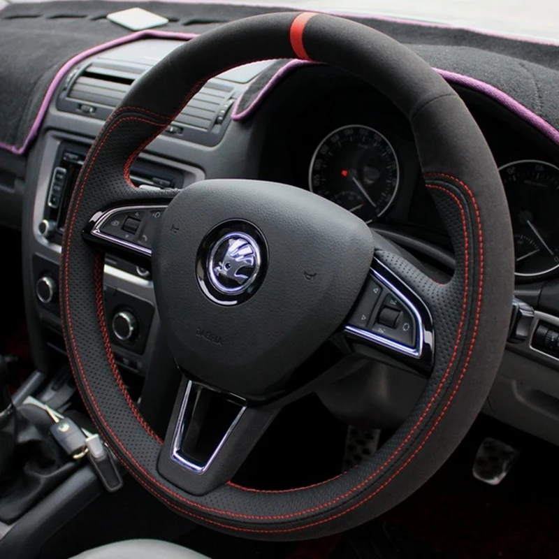 Car Steering Wheel Cover Suede For Skoda Octavia 2017 Rapid Spaceback 2016 Fabia 2016 2017 (3-Spoke) Steering-Wheel Cover Wrap