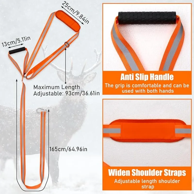 Deer Drag and Harness Heavy Duty Deer Drag Strap with Non-Slip Handle Durable Reflective Orange Rope Pulling Hunting Accessories