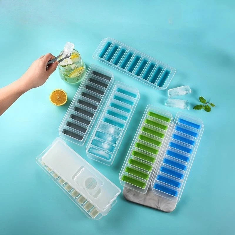 Silicone ice cube long ice box mold water injection hole home refrigerator homemade online celebrity frozen ice box with cover.
