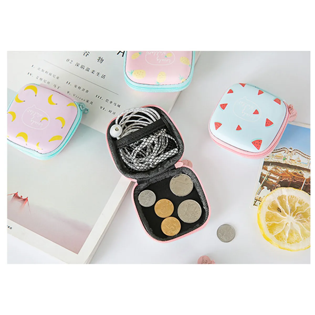 Mini Portable Headphone Case PU Hard Shell Storage Pouch with Soft Cloth Lining Mesh Interior Zipper for Earbuds Earphones USB