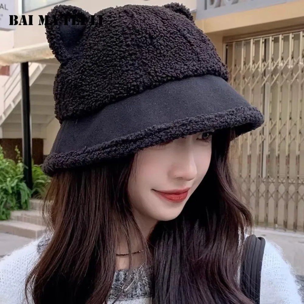 

Cartoon Preppy Fuzzy Winter Bucket Hat Fluffy Soft Faux Fur Fisherman Cap Windproof Thick Cat Ear Fisherman Cap Women's Fashion