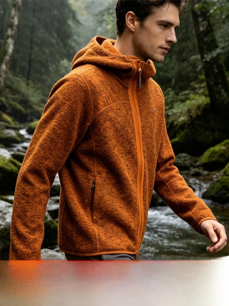 Outdoor Winter Men's Fleece Jacket with Hood Knitted Floral Pattern Warm Windproof Breathable Standard Fit Long Sleeve Polyester