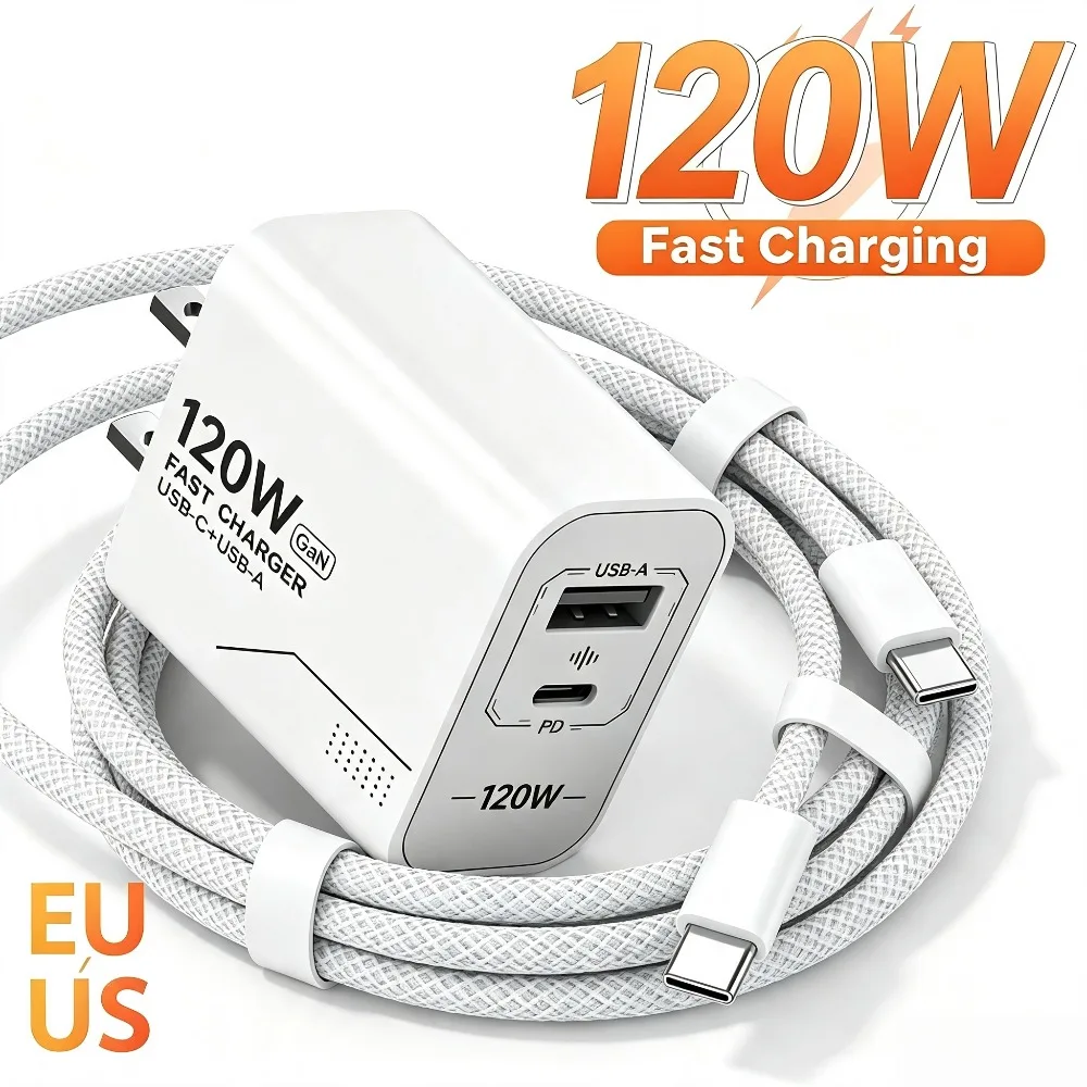Carregador USB C GaN de 120W com 2 portas, carregamento rápido para iPhone, Samsung, Xiaomi, tipo C, adaptador de energia com plugue americano para tomada de parede.