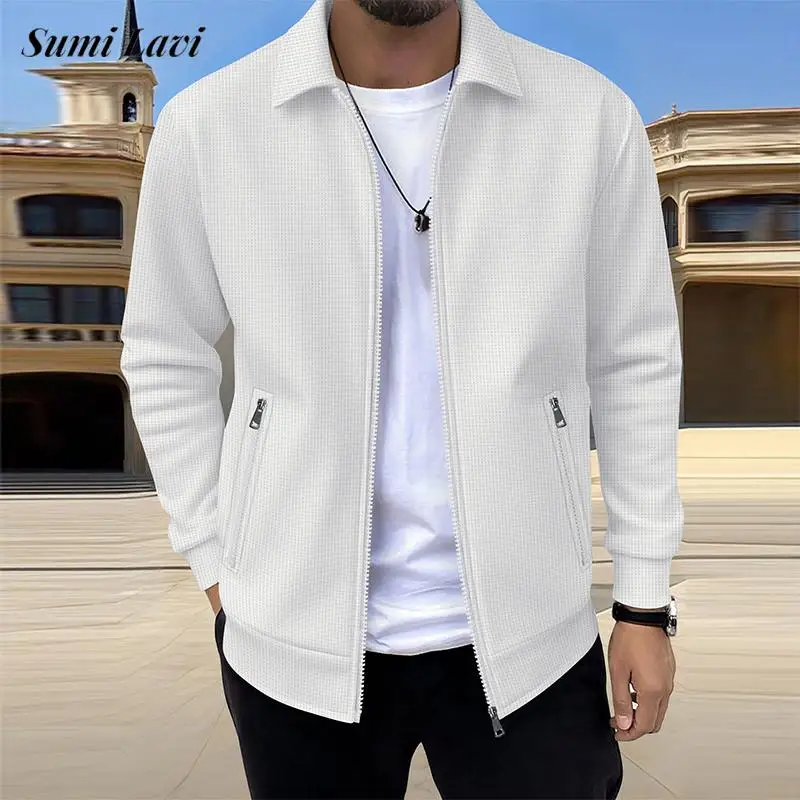 2026 Autumn Outdoor Lapel Outerwear Mens Trendy Waffle Texture Zipper Long Sleeve Coats Men Vintage Solid Color Jacket