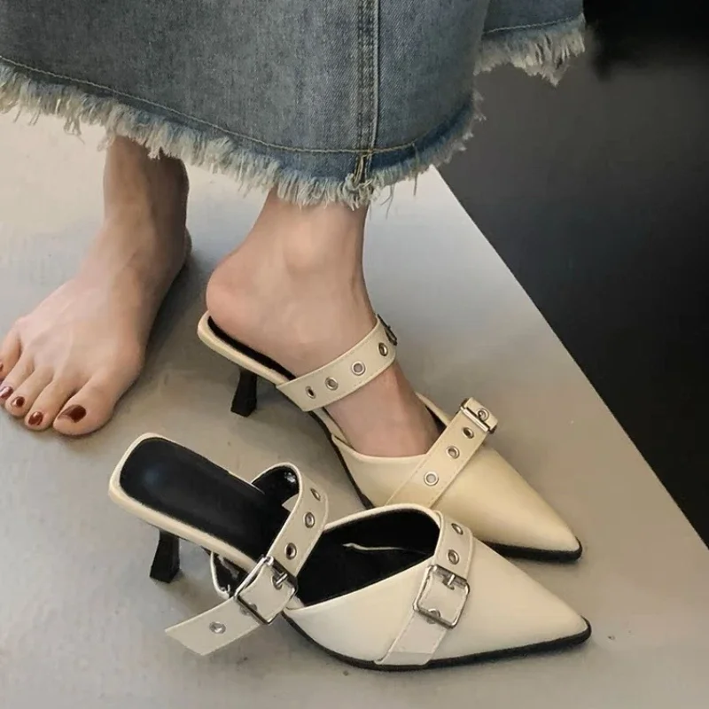 2024 New Arrival Summer Fashion Pointed Toe Stud Women\'s Pumps Solid Color Sexy Elegant Fashion Slippers Comfortable High Heels