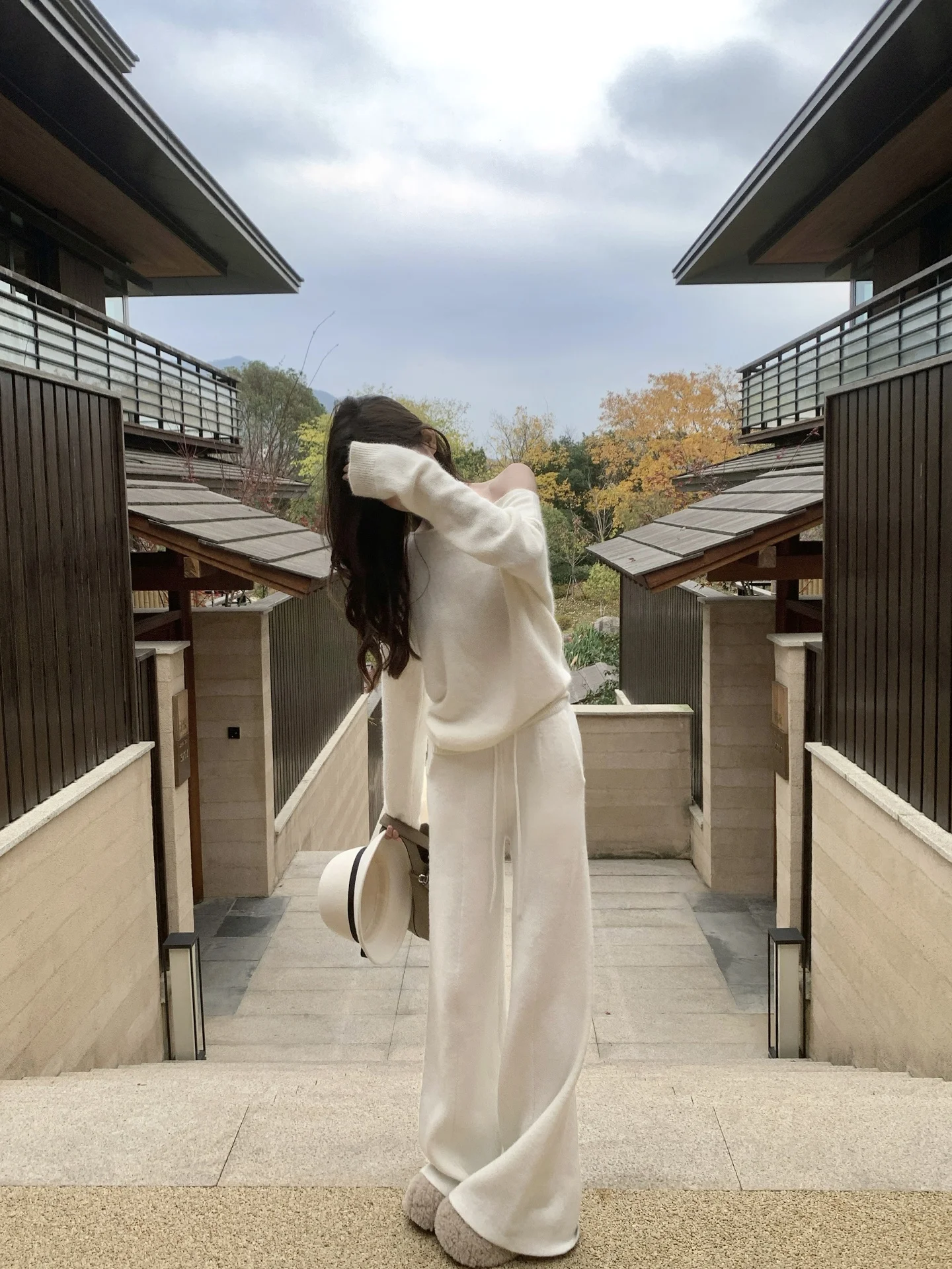 

Утепленные шерстяные прямые вязаные повседневные брюки для женщин, свободные широкие брюки с завязками, длинные брюки свободного кроя