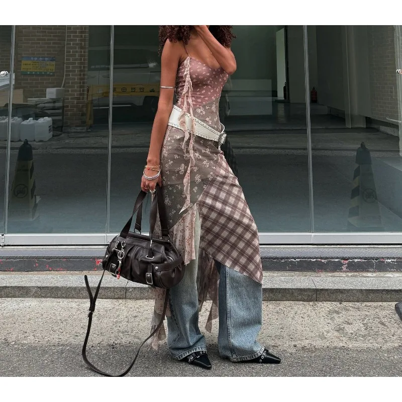 

American Contrast Stitching Suspender Dress Irregular Skirt Tattered Niche Dress