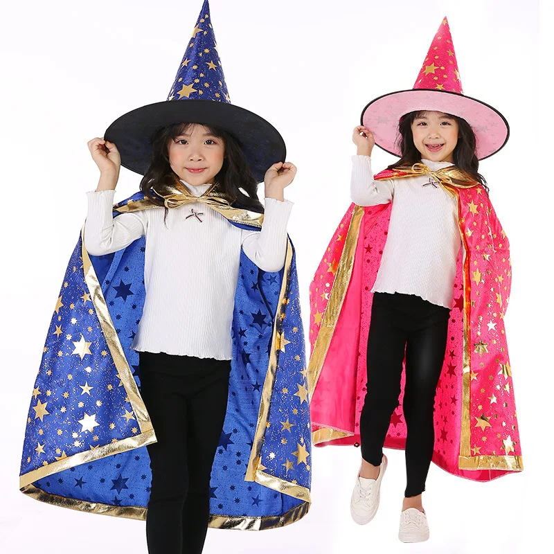 Disfraz de Halloween, capa de satén con sombrero para niños, mago, bruja, Cosplay, fiesta de Halloween, vestido para niños, ropa fantasma 2021