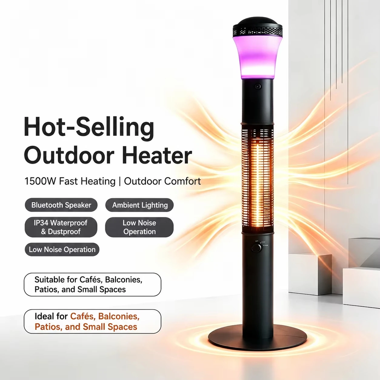 Outdoor Infrared Patio Heater Freestanding Electric Tower Heater 1500w with Bluetooth Speaker RGB Light  for Backyard Terrace