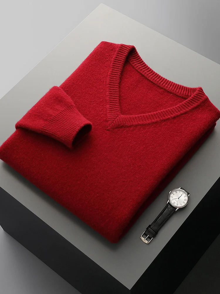 100% de lana merina para hombre, jersey con cuello en V, suéter grueso, cálido, informal, Base de moda, suéter de punto