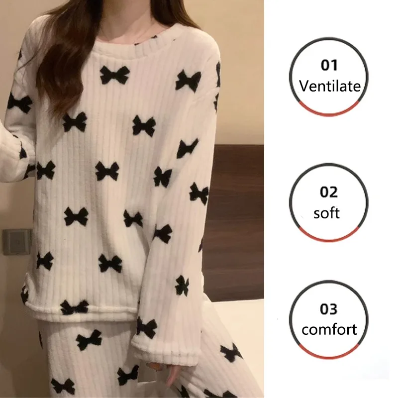 Thickened Warm Coral Velvet Pajamas Loungewear Female Autumn and Winter Long-Sleeved Bow Tie Padded Women\'s Nightwear Home Wear