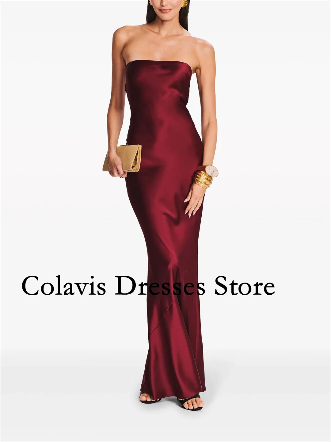 

2025 Customized Strapless Wine Red Sleeveless Backless Satin Prom Dresses Evening Dress Women Evening Gowns Formal Party Dress