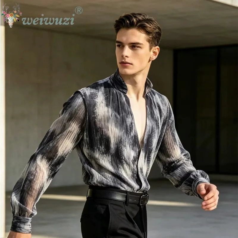 New Latin Dance Men's Shirt Samba Summer Samba Jazz Practice Suit Deep V-Neck Men's Dance Mesh Jumpsuit Printed Long Sleeve