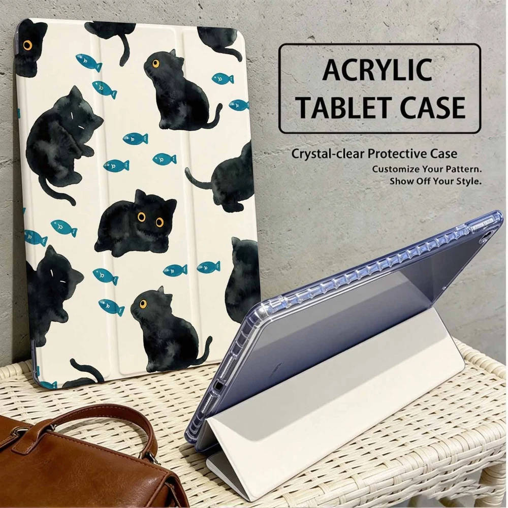 Watercolor Black Cat Fish For Samsung Galaxy Tab A8 A9 A11 S6 S7 S8 S9 S10 S11 FE Plus Lite With Pen Slot Tablet Case