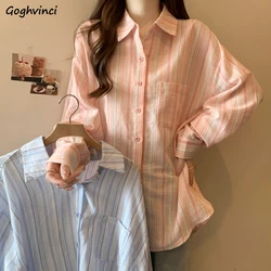 Vintage Striped Shirts Women All-match Korean Style Single Pocket Loose Y2k Tops Stylish Ulzzang Basic Autumn New Tender Chic