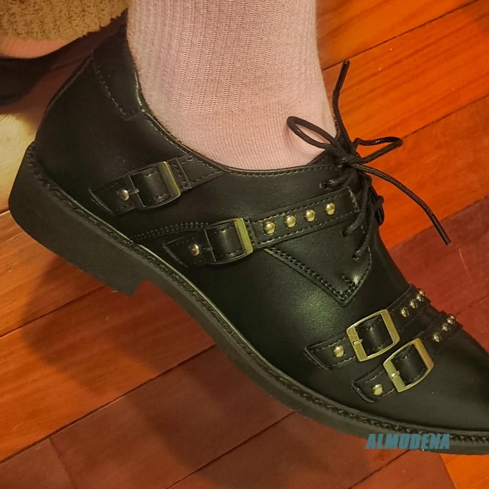 Vintage Rivet Multi Buckle Lace Up Derby Shoes for Men Pointed Toe Low Block Heel Shoes Street Comfort Punk Daily Casual Shoes